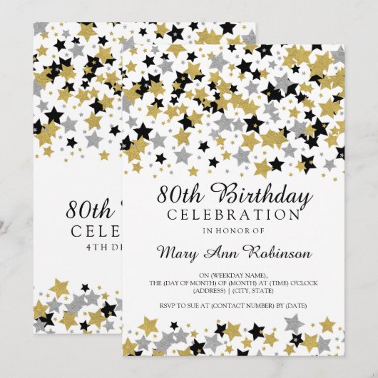 80e Verjaardag Party Gold Silver Glitter Stars Kaart (Voorkant / Achterkant)
