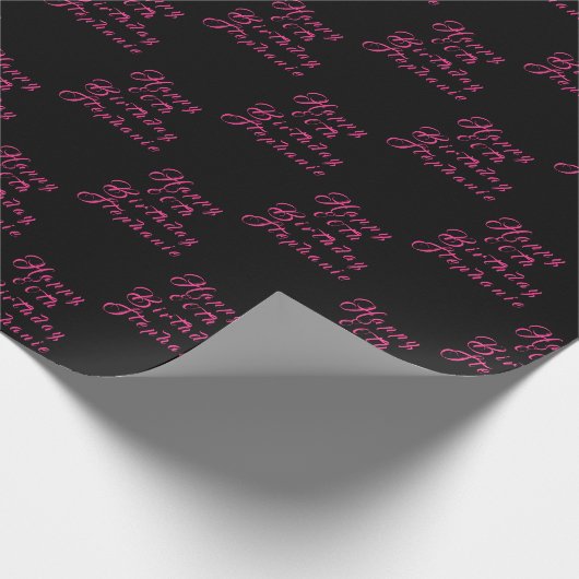 80e verjaardag Party Naam Zwart Roze Modern Patroo Cadeaupapier (Hoek)