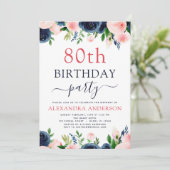80e verjaardag Party Navy Blauw Blush Roze Bloemen Kaart (Staand voorkant)