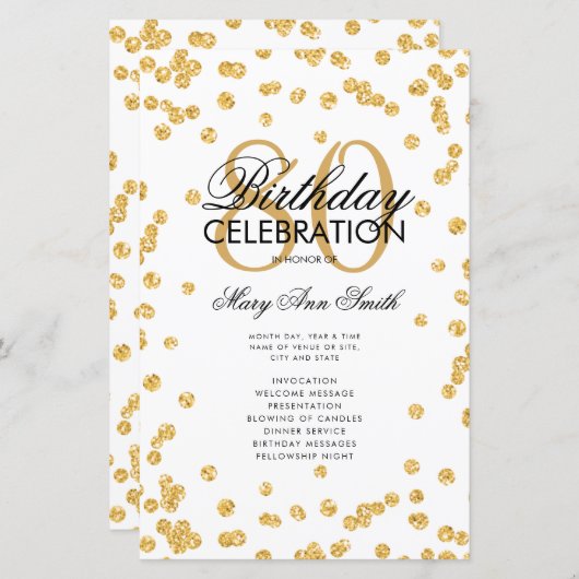 80e verjaardag Party Programma Gouden Glitter w / (Voorkant / Achterkant)