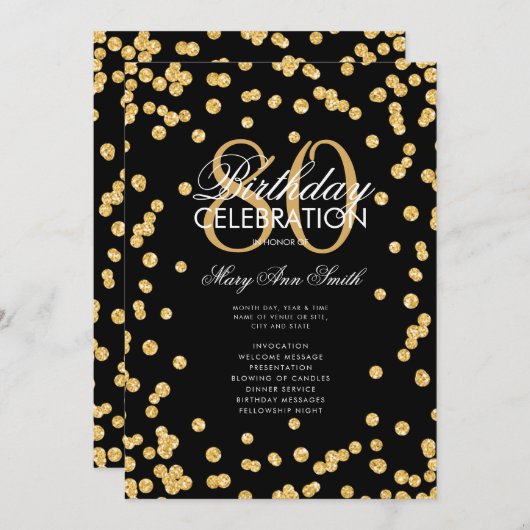 80e verjaardag Party Programma Gouden Glitter w /  (Voorkant / Achterkant)