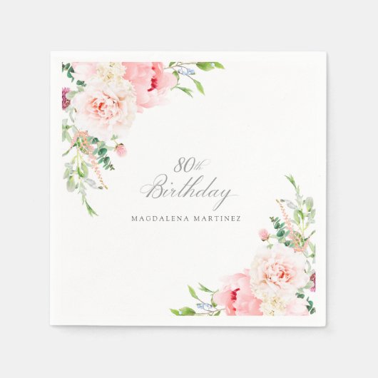 80e Verjaardag Party Roze Bloemen Custom Cocktail Servet (Voorkant)