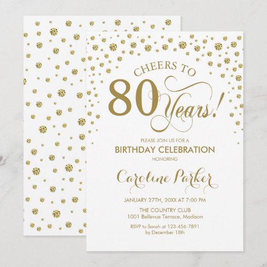 80e verjaardag Party uitnodiging - Goud Wit (Voorkant / Achterkant)