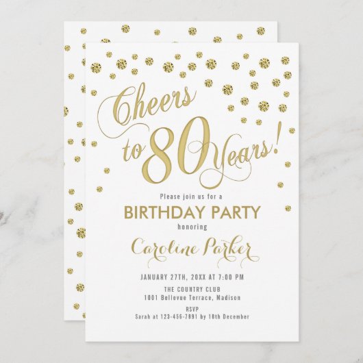 80e verjaardag Party uitnodiging - Goud Wit (Voorkant / Achterkant)