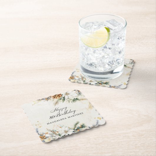80e Verjaardag Party Witte Winter Bloemen Custom Kartonnen Onderzetters (Insitu)