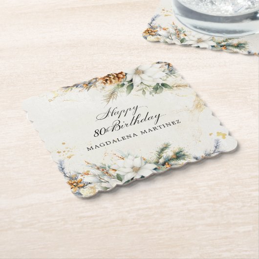 80e Verjaardag Party Witte Winter Bloemen Custom Kartonnen Onderzetters (Gebogen)