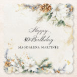 80e Verjaardag Party Witte Winter Bloemen Custom Kartonnen Onderzetters<br><div class="desc">Elegante winterwitte bloemen zijn genesteld in dennengroen en pinecones. De zachte ivoorwitte waterverf wasachtergrond is geaccentueerd met gouden vlekken om een verfijnde en chique esthetiek te creëer.</div>
