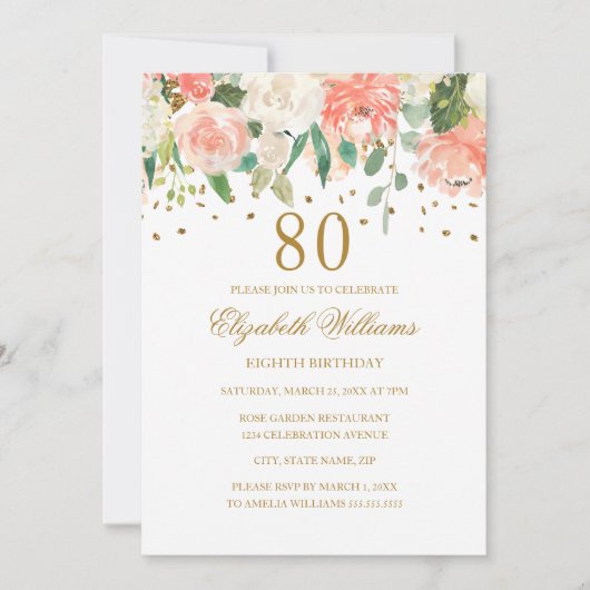 80e verjaardag Peach Gold Floral Invitation Kaart (Voorkant)