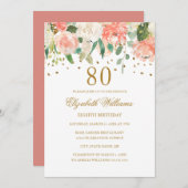 80e verjaardag Peach Gold Floral Invitation Kaart (Voorkant / Achterkant)