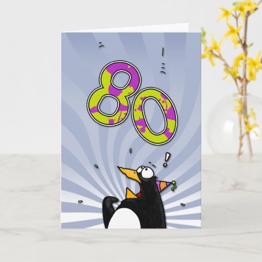 80e verjaardag - Penguin Surprise Kaart (Gele Bloem)