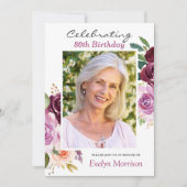 80e verjaardag Plum Paars Blush Floral Foto Kaart (Voorkant)