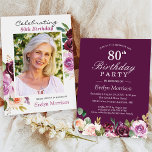 80e verjaardag Plum Paars Blush Floral Foto Kaart<br><div class="desc">Plum Paars Blush Floral Foto 80th Birthday Party Invitation. Voor verdere aanpassing,  te klikken gelieve de "pas verder"verbinding aan en ons ontwerphulpmiddel te gebruiken om deze sjabloon te wijzigen. Neem contact met me op als je hulp of overeenkomende objecten nodig hebt.</div>