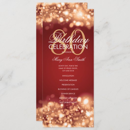 80e verjaardag programma Glam Lights Rood Goud w / Programmakaart (Voorkant / Achterkant)