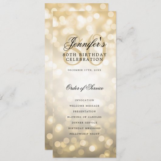 80e Verjaardag Programma Gold Bokeh Menu+Dank U (Voorkant / Achterkant)