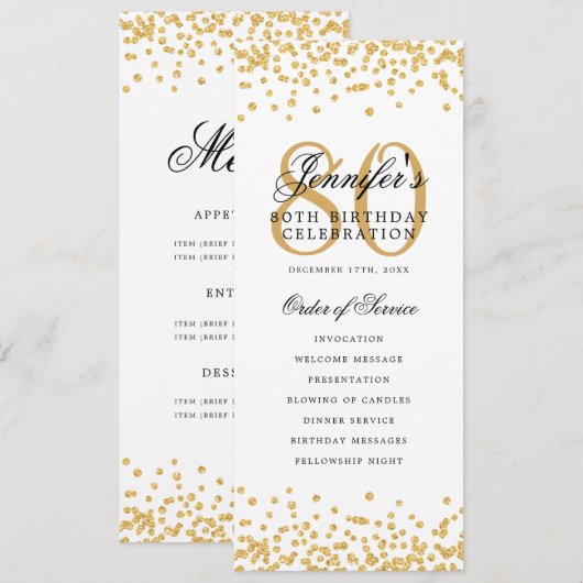 80e verjaardag programma Gold Confetti Menu (Voorkant / Achterkant)
