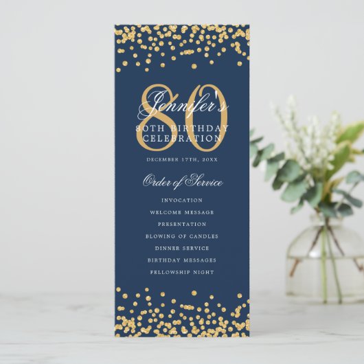 80e Verjaardag Programma Menu Bedankt Gold Navy Bl (Staand voorkant)