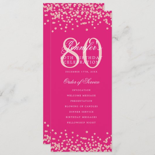 80e Verjaardag Programma Menu Roos Gold Hot Pink (Voorkant / Achterkant)