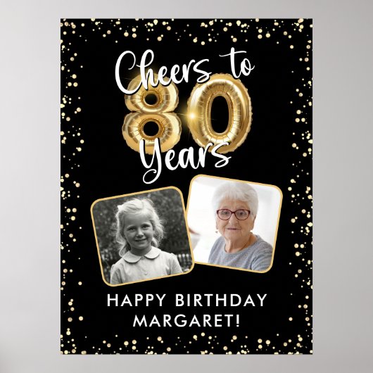 80e verjaardag Proost op 80 jaar 2 Foto's Zwart Poster (Voorkant)