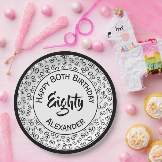 80e verjaardag Random Number Pattern Black/White Papieren Bordje (Feest)