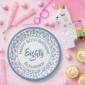 80e verjaardag Random Number Pattern Blue/White Papieren Bordje (Feest)