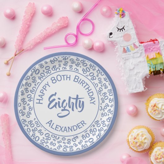 80e verjaardag Random Number Pattern Blue/White Papieren Bordje (Feest)
