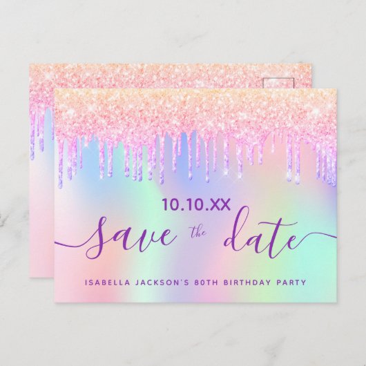 80e verjaardag regenbooglitter roze behalve de dat briefkaart (Voorkant / Achterkant)