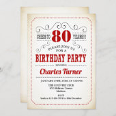 80e verjaardag - Retro Creamy White en Red Kaart (Voorkant / Achterkant)