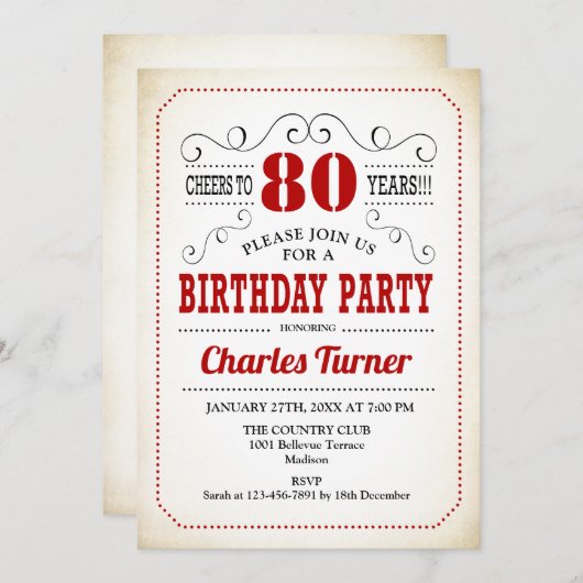 80e verjaardag - Retro Creamy White en Red Kaart (Voorkant / Achterkant)