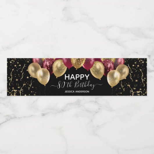 80e verjaardag Rode gouden ballonnen op het waterf Waterfles Etiket (Enkel label)