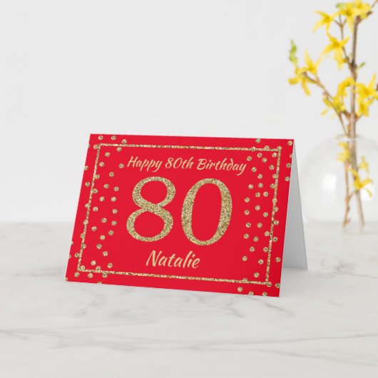 80e Verjaardag Rood en Goud Glitter Confetti Kaart (Gele Bloem)
