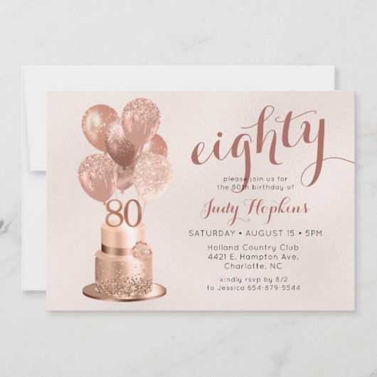 80e verjaardag Roos Gold Cake Invitation Kaart (Voorkant)