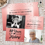 80e verjaardag Roos Gold Glitter 2 Foto Kaart<br><div class="desc">Roos gouden glitter en faux metallic foto-uitnodiging voor een elegante 80ste (of enige leeftijd) verjaardagsfeestviering met een retro kalligrafie script typografie ontwerp gezegde # JAREN IN DE MAKING die haar geboortejaar in het ontwerp en 2 foto's (misschien bevatten DAN en NU foto's voor een memorabele uitnodiging). De uitnodigingsdetails van de...</div>