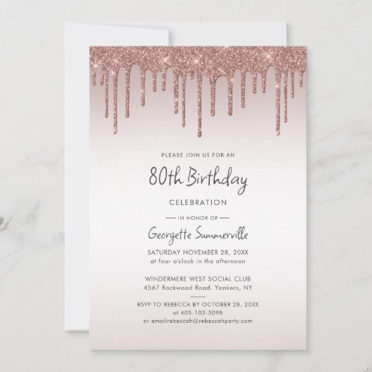 80e verjaardag Roos Gold Glitter Drip Kaart (Voorkant)
