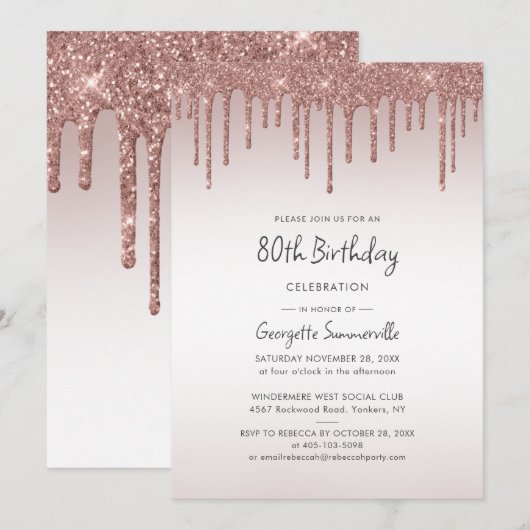80e verjaardag Roos Gold Glitter Drip Kaart (Voorkant / Achterkant)