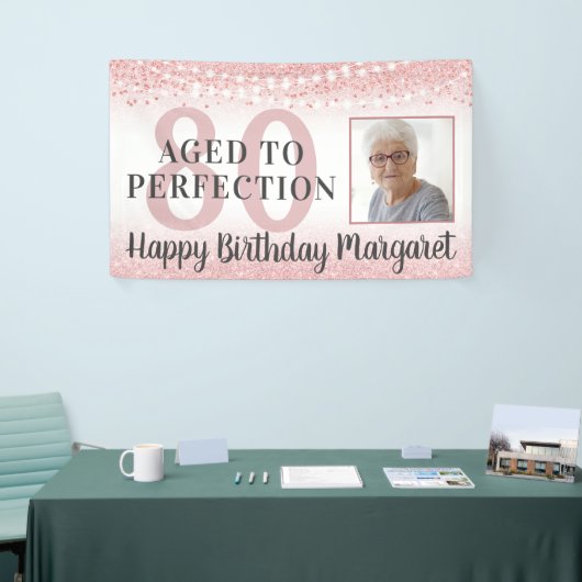 80e verjaardag Roos Gold Glitter Foto Spandoek (Beurs)
