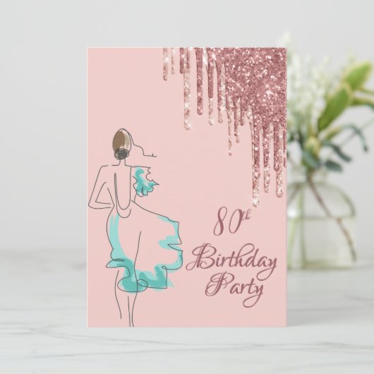 80e verjaardag roos goud glitter druppelt kunst kaart (Staand voorkant)