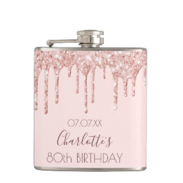 80e verjaardag roos goud glitter druppelt roze heupfles