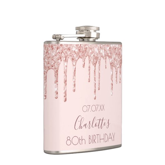80e verjaardag roos goud glitter druppelt roze heupfles (Rechts)