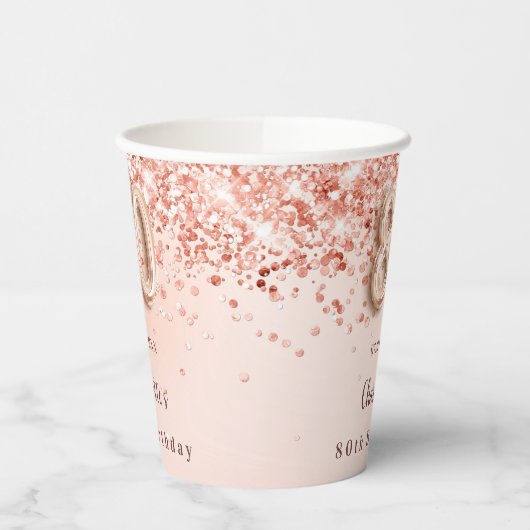 80e verjaardag roos goud glitter monogram naam papieren bekers (Links)