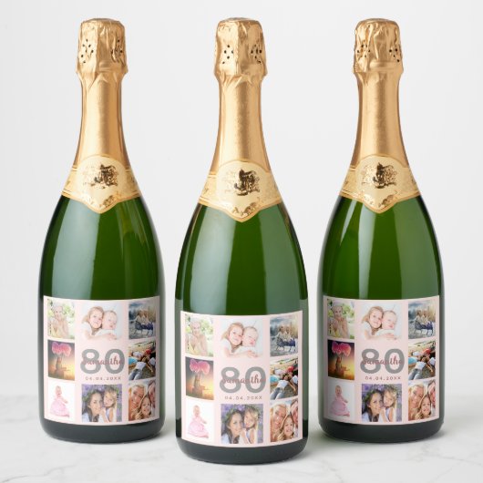 80e verjaardag roos gouden aangepaste fotocollage sparkling wijnetiket (Flessen)