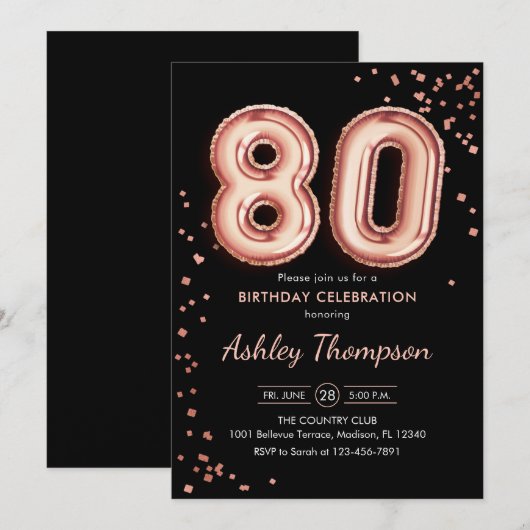 80e verjaardag - Roos gouden ballonnen zwart Kaart (Voorkant / Achterkant)