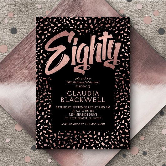 80e Verjaardag Roos Gouden Confetti Kaart