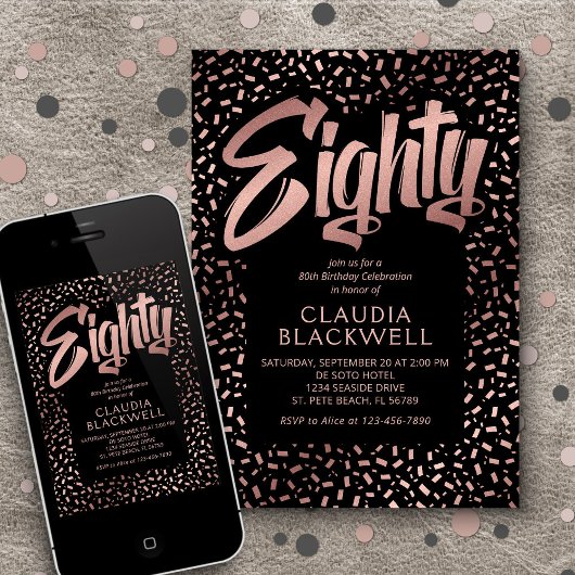 80e Verjaardag Roos Gouden Confetti Kaart