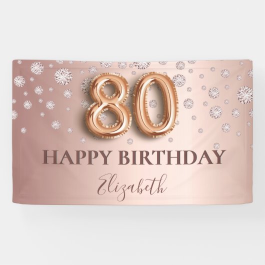 80e verjaardag roos gouden diamanten ballonschrift spandoek (Horizontaal)