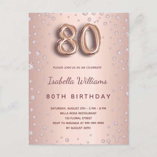 80e verjaardag roos gouden diamanten ballonscript briefkaart (Voorkant)