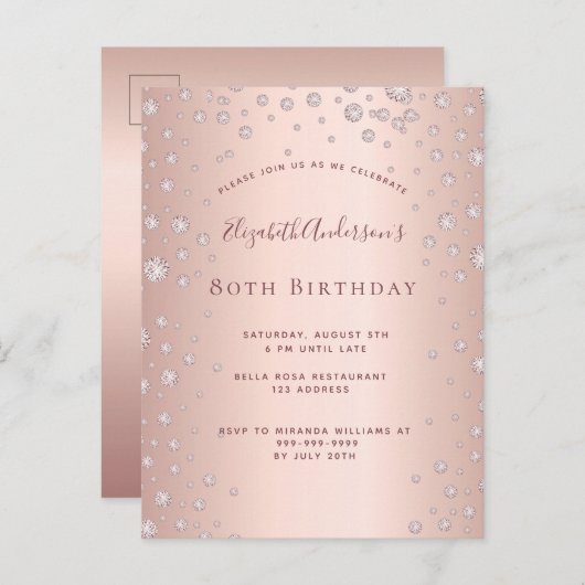 80e verjaardag roos gouden diamanten uitnodiging (Voorkant / Achterkant)