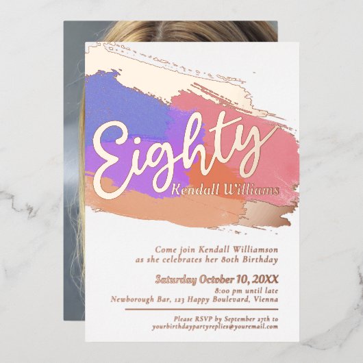 80e verjaardag roos gouden foto abstracte kunst folie uitnodiging (Voorkant / Achterkant)