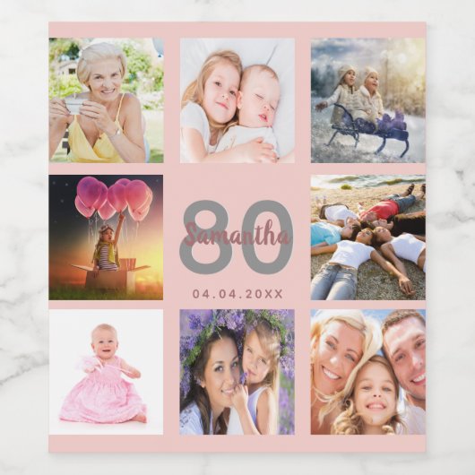 80e verjaardag roos gouden foto collage wijn etiket (Enkel label)