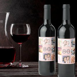 80e verjaardag roos gouden foto collage wijn etiket