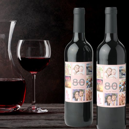 80e verjaardag roos gouden foto collage wijn etiket
